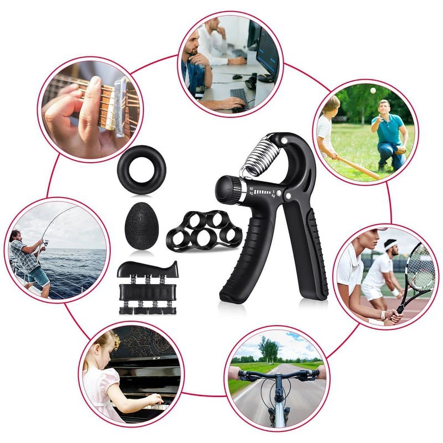 Ultimate 6-Piece Hand Grip Strengthener Kit - Adjustable Resistance Hand Gripper, Finger Exerciser, Grip Ring & Stress Relief Ball for Enhanced Strength and Flexibility (Black)