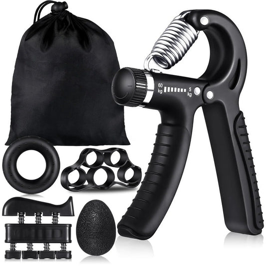 Ultimate 6-Piece Hand Grip Strengthener Kit - Adjustable Resistance Hand Gripper, Finger Exerciser, Grip Ring & Stress Relief Ball for Enhanced Strength and Flexibility (Black)