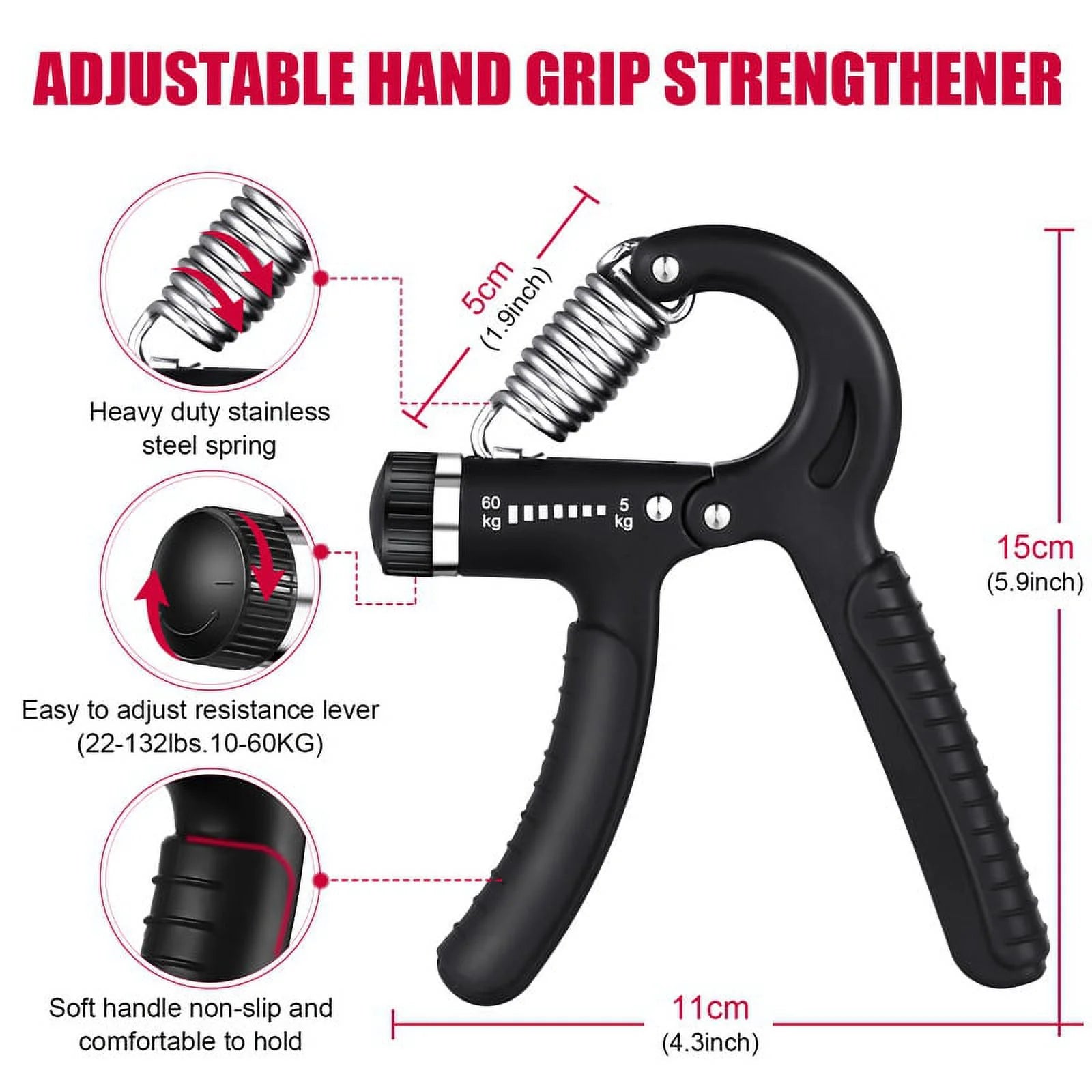 Ultimate 6-Piece Hand Grip Strengthener Kit - Adjustable Resistance Hand Gripper, Finger Exerciser, Grip Ring & Stress Relief Ball for Enhanced Strength and Flexibility (Black)